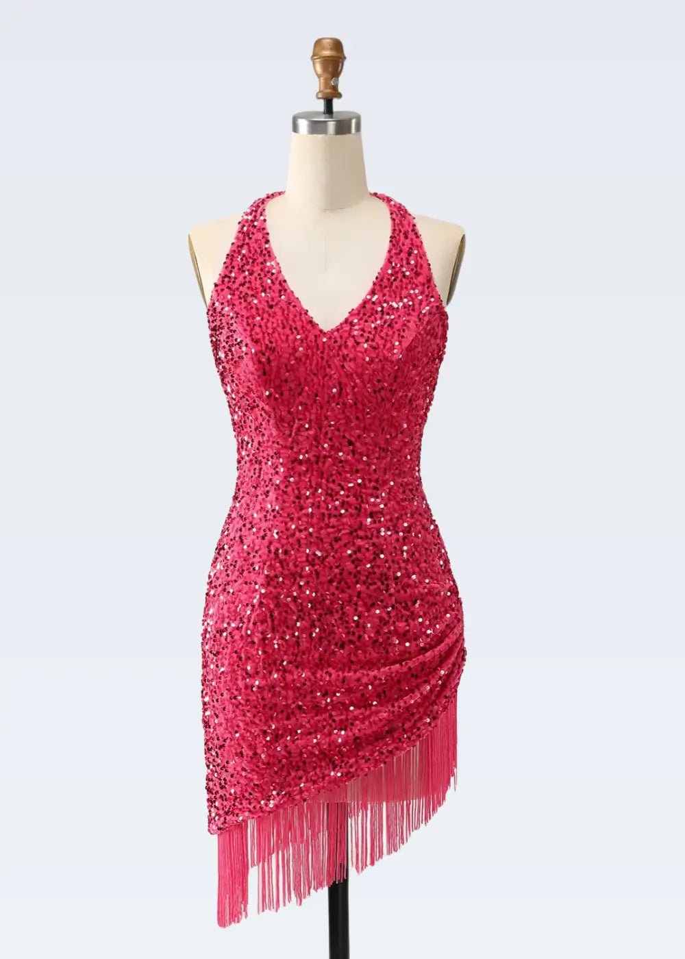 Nancy |Bodycon Sparkly V - Neck Fuchsia Halter Neck Sequins Short Homecoming Dress with Fringe - Fuchsia - US0 - PromDressClub