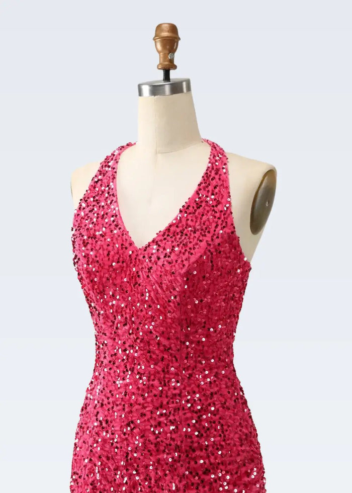 Nancy |Bodycon Sparkly V - Neck Fuchsia Halter Neck Sequins Short Homecoming Dress with Fringe - Fuchsia - PromDressClub