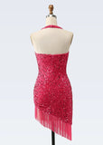 Nancy |Bodycon Sparkly V - Neck Fuchsia Halter Neck Sequins Short Homecoming Dress with Fringe - Fuchsia - US0 - PromDressClub