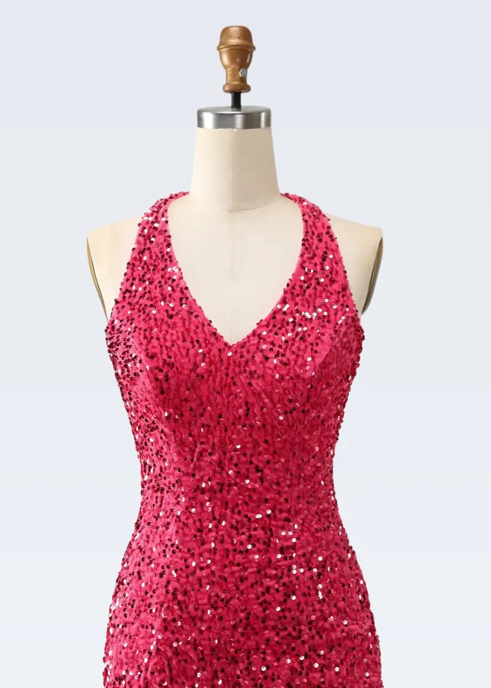 Nancy |Bodycon Sparkly V - Neck Fuchsia Halter Neck Sequins Short Homecoming Dress with Fringe - Fuchsia - US0 - PromDressClub