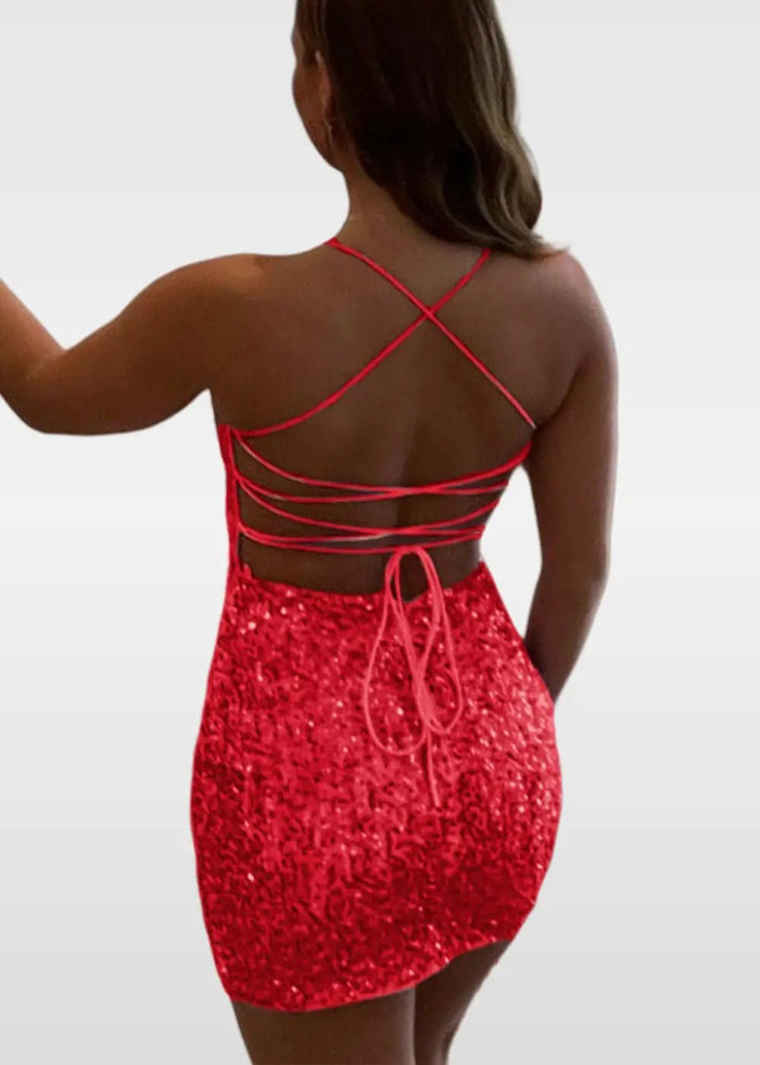 Queena |Bodycon Square Pink Short Homecoming Dresses with Sequined - Red - PromDressClub