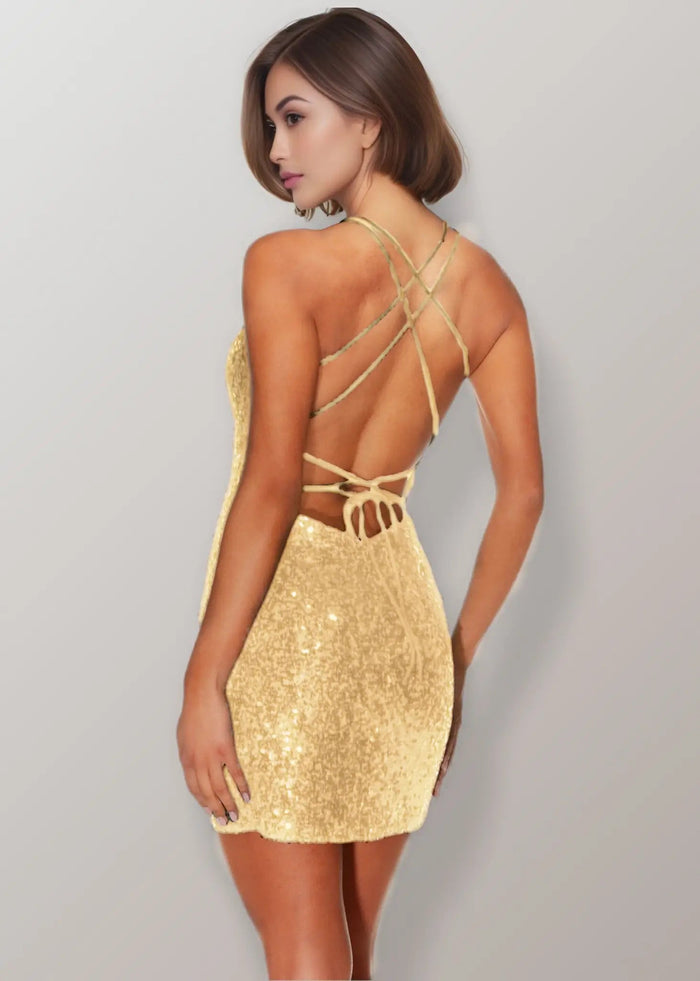 Monica |Bodycon Straight Plunging Neckline Strappy Back Sequin Mini Green Short Homecoming Dress With Sparkly - Gold - PromDressClub