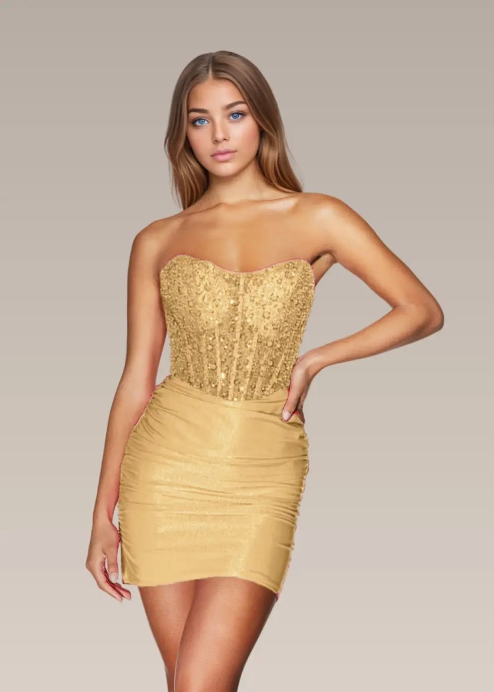 Meroy |Bodycon Sweetheart Strapless Straight Closed Back Corset Dress Short Homecoming Dress With Embellished Ruched - Gold - US0 - PromDressClub