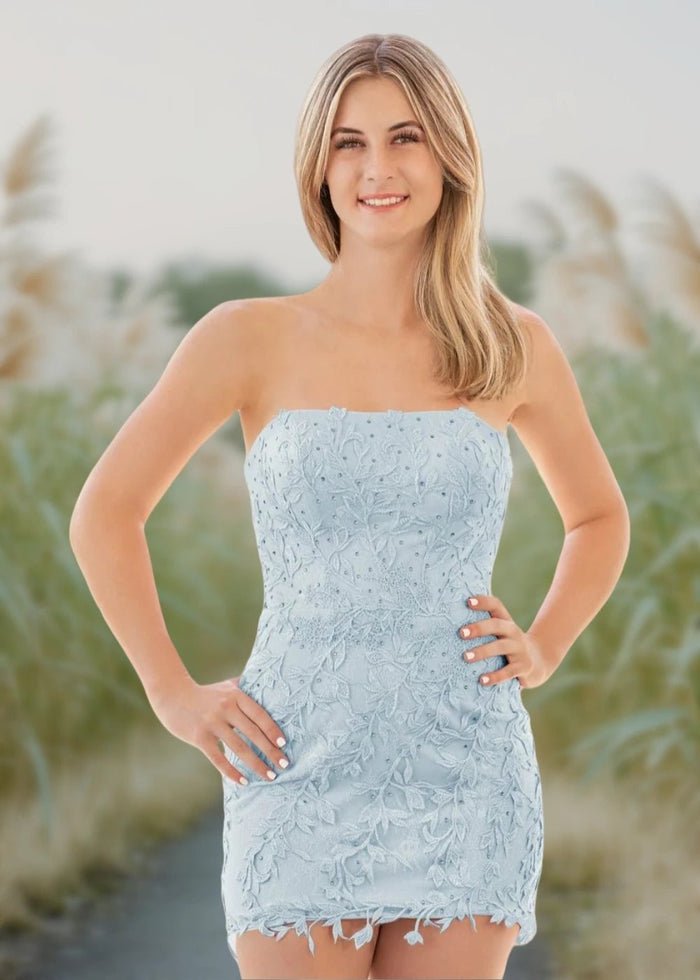 Brianna | Bodycon Pink Lace Strapless Open Back Short Homecoming Dress - Sky Blue - PromDressClub