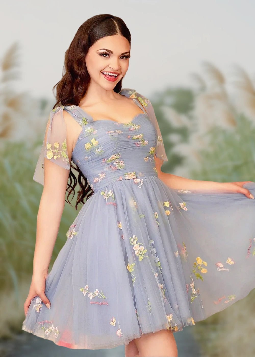 Bridget | A Line Dusty Blue Floral Corset Tulle Short Homecoming Dress - Dusty Blue Floral - PromDressClub