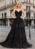 Bridget |A - Line Sweetheart Spaghetti StrapsTiered Tulle Long Black Prom Dress With Split - Black - US0 - PromDressClub