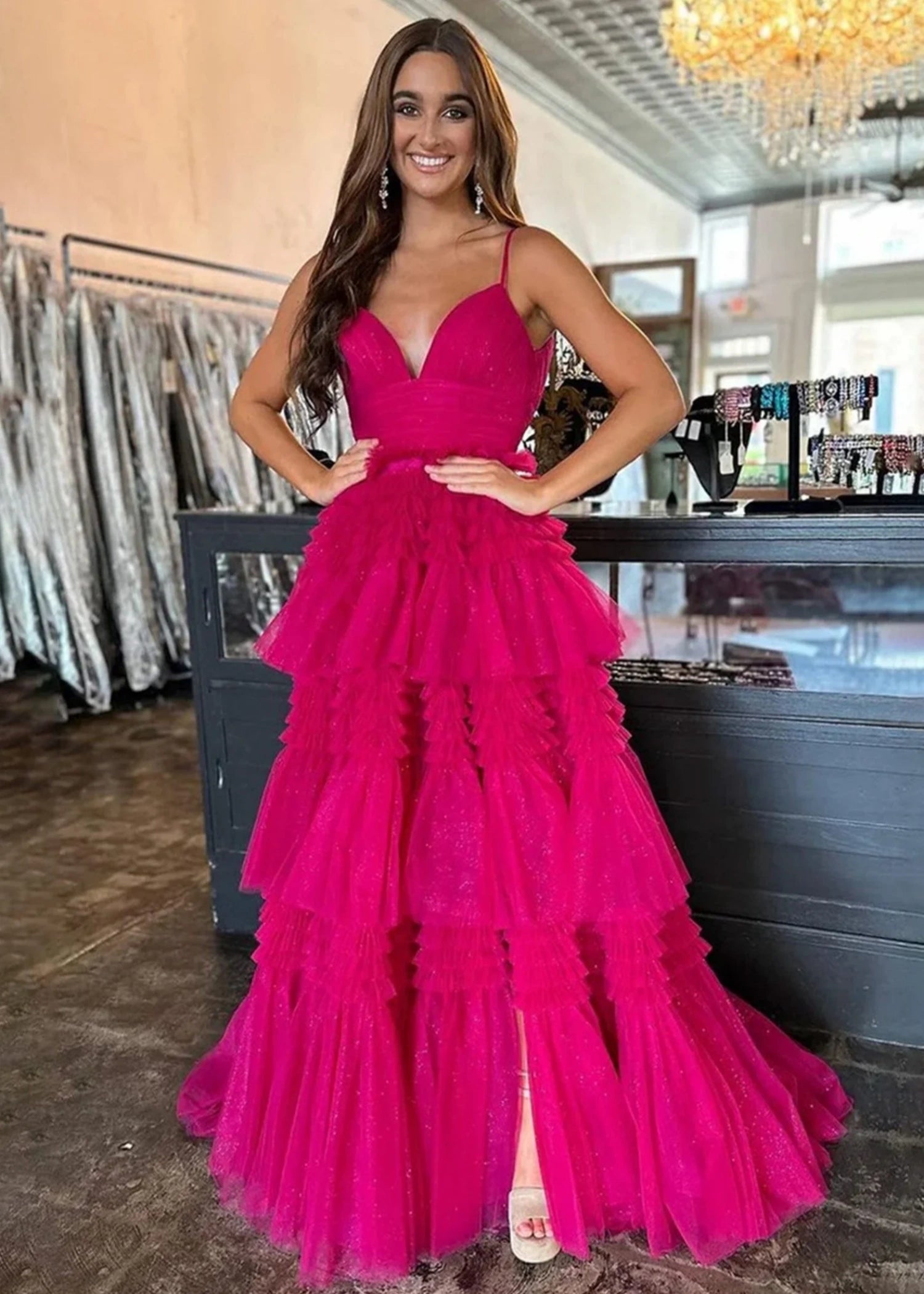 Bridget |A - Line Sweetheart Spaghetti StrapsTiered Tulle Long Black Prom Dress With Split - Fuchsia - US0 - PromDressClub