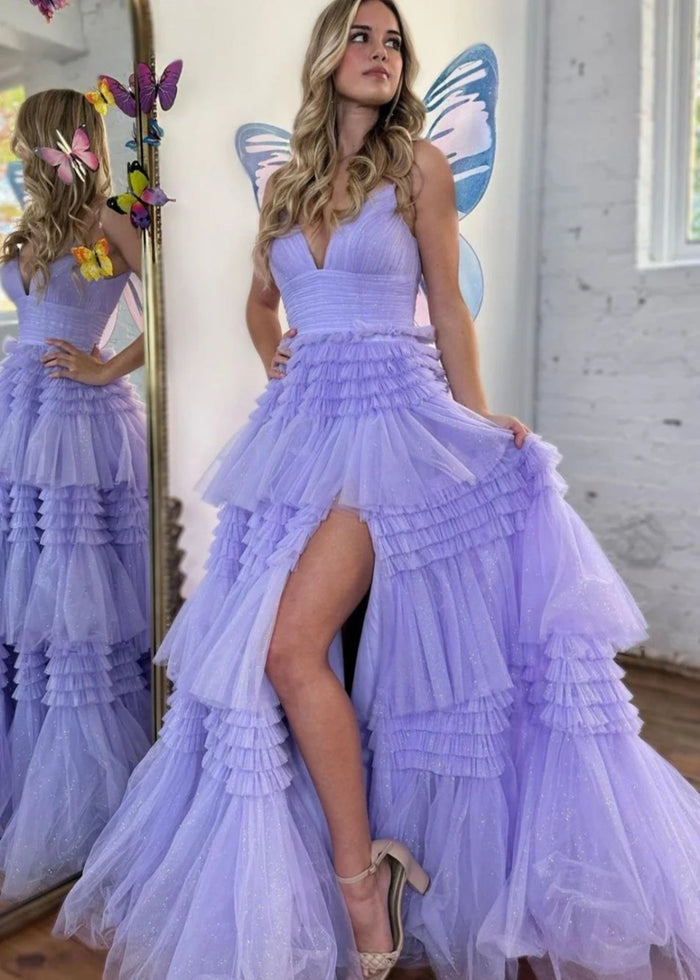 Bridget | Black Sage Green A Line Ruffle V Neck Prom Dress with Slit - Lavender - PromDressClub