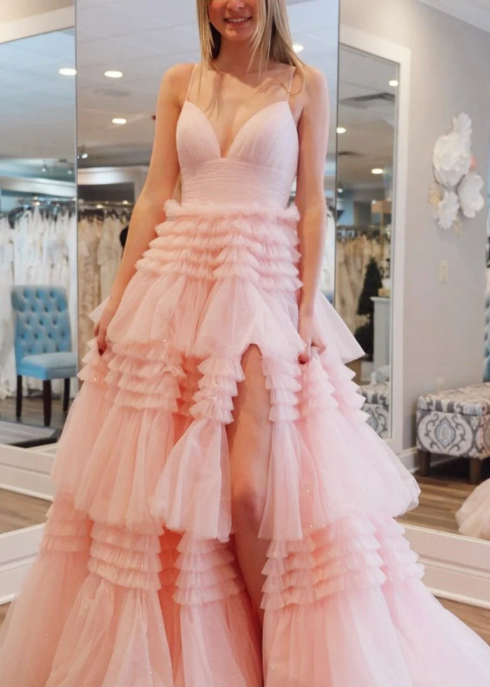 Bridget | Black Sage Green A Line Ruffle V Neck Prom Dress with Slit - Light Pink - PromDressClub