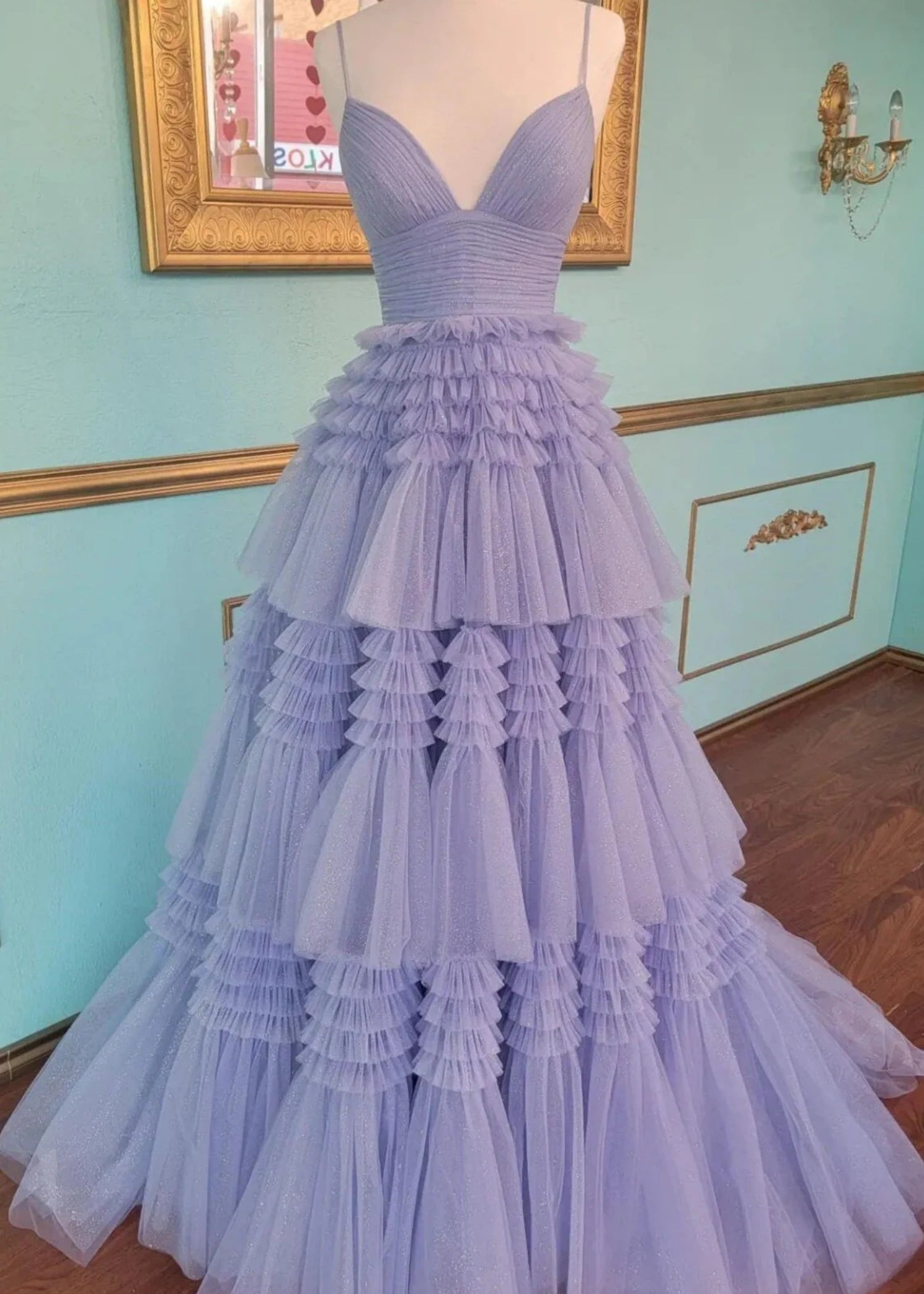 Bridget |A - Line Sweetheart Spaghetti StrapsTiered Tulle Long Black Prom Dress With Split - Periwinkle - US0 - PromDressClub