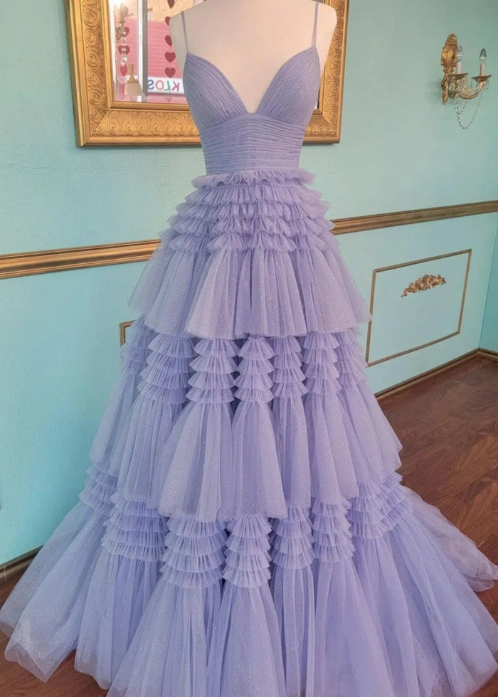 Bridget | Black Sage Green A Line Ruffle V Neck Prom Dress with Slit - Lilac - PromDressClub