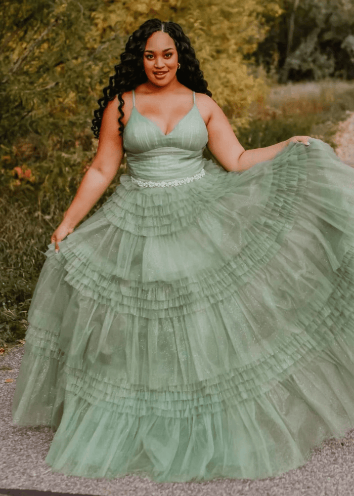 Bridget | Black Sage Green A Line Ruffle V Neck Prom Dress with Slit - Sage - PromDressClub