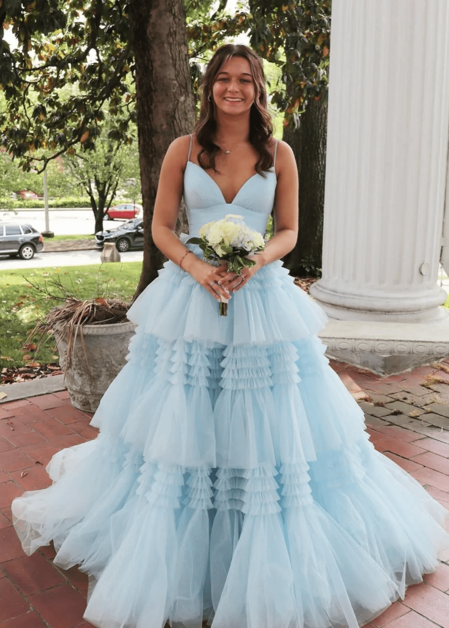 Bridget |A - Line Sweetheart Spaghetti StrapsTiered Tulle Long Black Prom Dress With Split - Sky Blue - US0 - PromDressClub