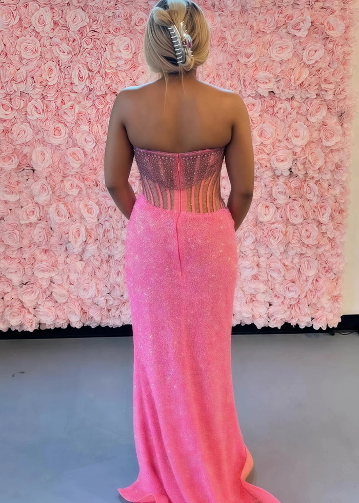 Bridget Beaded Hot Pink Prom Dress | Mermaid Strapless Corset Pleated Sequins Dress with Slit - Hot Pink - PromDressClub