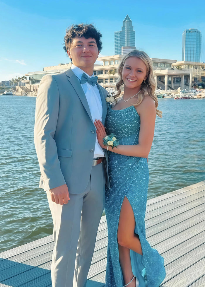 Bridget Beaded Aqua Prom Dress | Mermaid Strapless Corset Pleated Sequins Dress with Slit - Aqua - PromDressClub