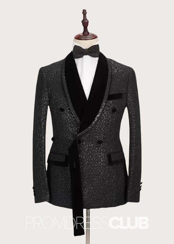Brook |Black Prom Suits For Men With Velvet Lapel Double Breasted Belt Leopard Black Jacquard - Price #price_variant_lowest# - 34 - PromDressClub
