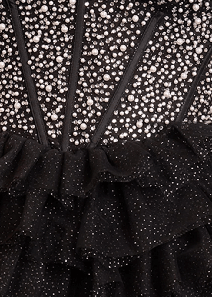 Brooke | A Line Black Tulle Off the Shoulder Beaded Feather Ruffle Cocktail Dress - Black - PromDressClub