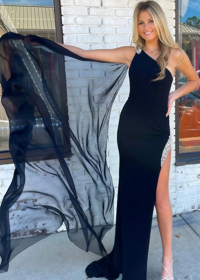 Blanche | Mermaid Long Black Prom Dress with One Shoulder Polyester Split Front - Black - PromDressClub