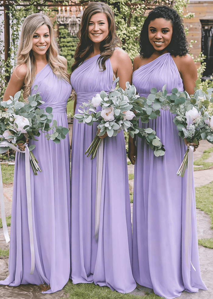 Candice | Simple Boho Backless Dusty Blue Chiffon Maxi Bridesmaid Dress with One Shoulder - Price #price_variant_lowest# - Lavender - PromDressClub