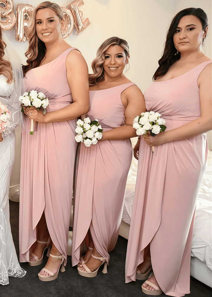 Cara | Exquisite Sheath Faux - Wrap Pink Chiffon Maxi Bridesmaid Dress with Slit and One Shoulder - Price #price_variant_lowest# - Pink - PromDressClub