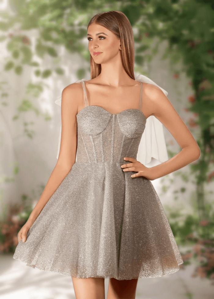 Cara | Ivory Glitter Sequin A Line Corset Short Homecoming Dress Bow - Silver - PromDressClub