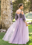 Carol | Long Lavender Prom Dresses With A - Line Wrap Top Tulle Half - Sleeve Appliques - Lavender - US0 - PromDressClub