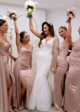 Caroline | Mermaid Strapless Dusty Pink Satin Maxi Bridesmaid Dress with Slit Backless - Blush - PROMDRESS Club