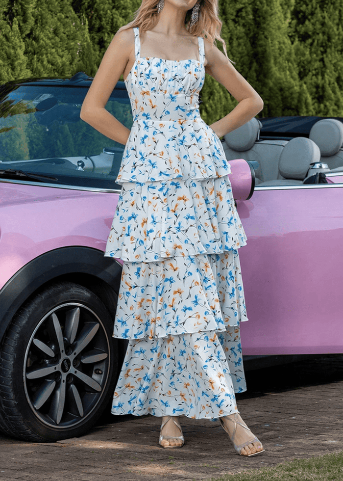 Caroline | Sheath Blue and White Floral Square Neck Tiered Prom Dress with Ruffles and Bow - Blue Floral - PromDressClub