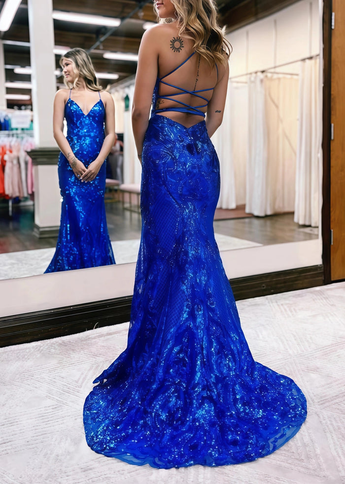 Cathy | Long Pink Prom Dress Sequin With Bodycon Mermaid V Neck Glitter Backless - Royal Blue - PromDressClub