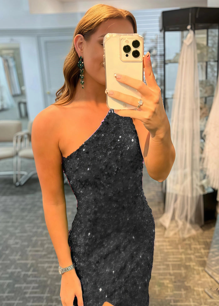 Cecilia | Black Mermaid One Shoulder Backless Formal Dress with Sequins - Black - PromDressClub