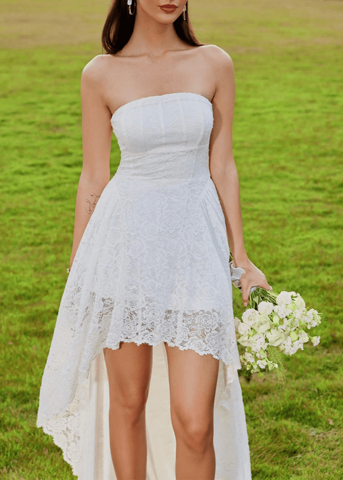 Celeste | Stunning White Lace High Low Strapless Corset Backless Prom Dress - White - PromDressClub