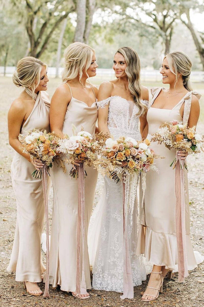 Marjorie | Long Mismatched Bridesmaid Dress Champagne Wedding Guest Dress - Champagne - PromDressClub