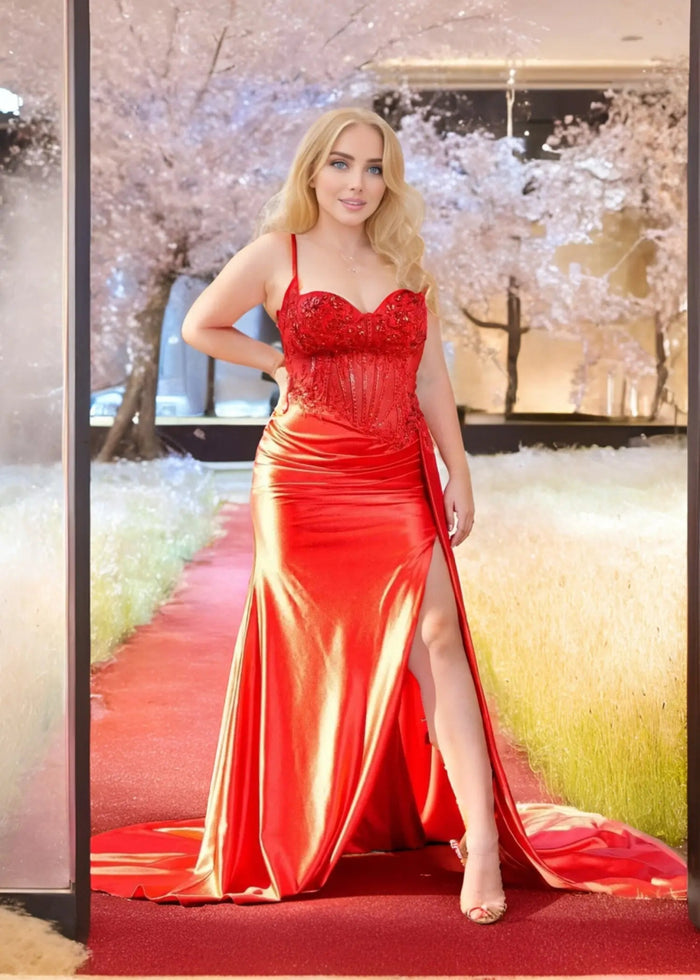 Christie | Trumpet/Mermaid Sweetheart Neck Red Lace Plus Size Prom Dress with Slit - Red - PromDressClub