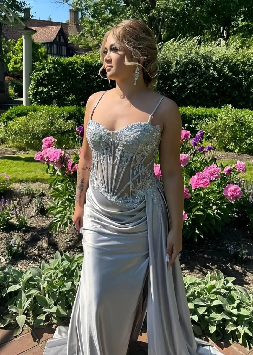 Christie | Trumpet/Mermaid Sweetheart Neck Red Lace Plus Size Prom Dress with Slit - Silver - PromDressClub