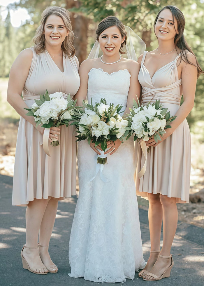 Christine | Immensely Glam Convertible Emerald Green Chiffon Mini Bridesmaid Dress with Multiway Infinity - Price #price_variant_lowest# - Champagne - PromDressClub