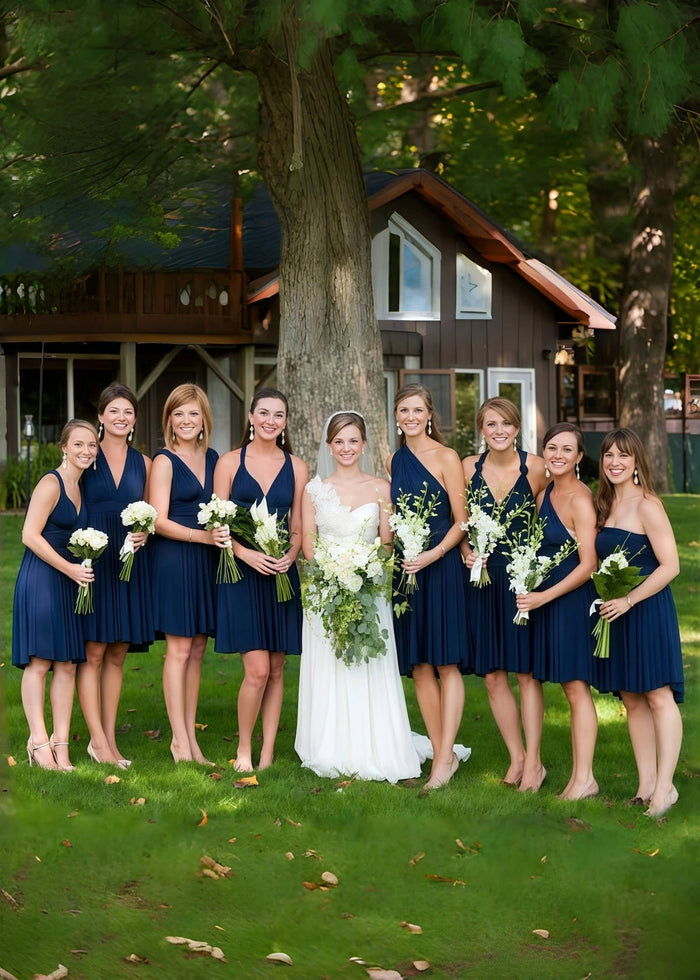 Christine | Immensely Glam Convertible Emerald Green Chiffon Mini Bridesmaid Dress with Multiway Infinity - Price #price_variant_lowest# - Navy Blue - PromDressClub