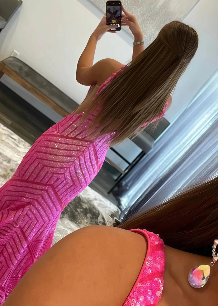 Claire | Emerald Green Silver Mermaid V Neck Corset Formal Dress with Sequins - Fuchsia - PromDressClub