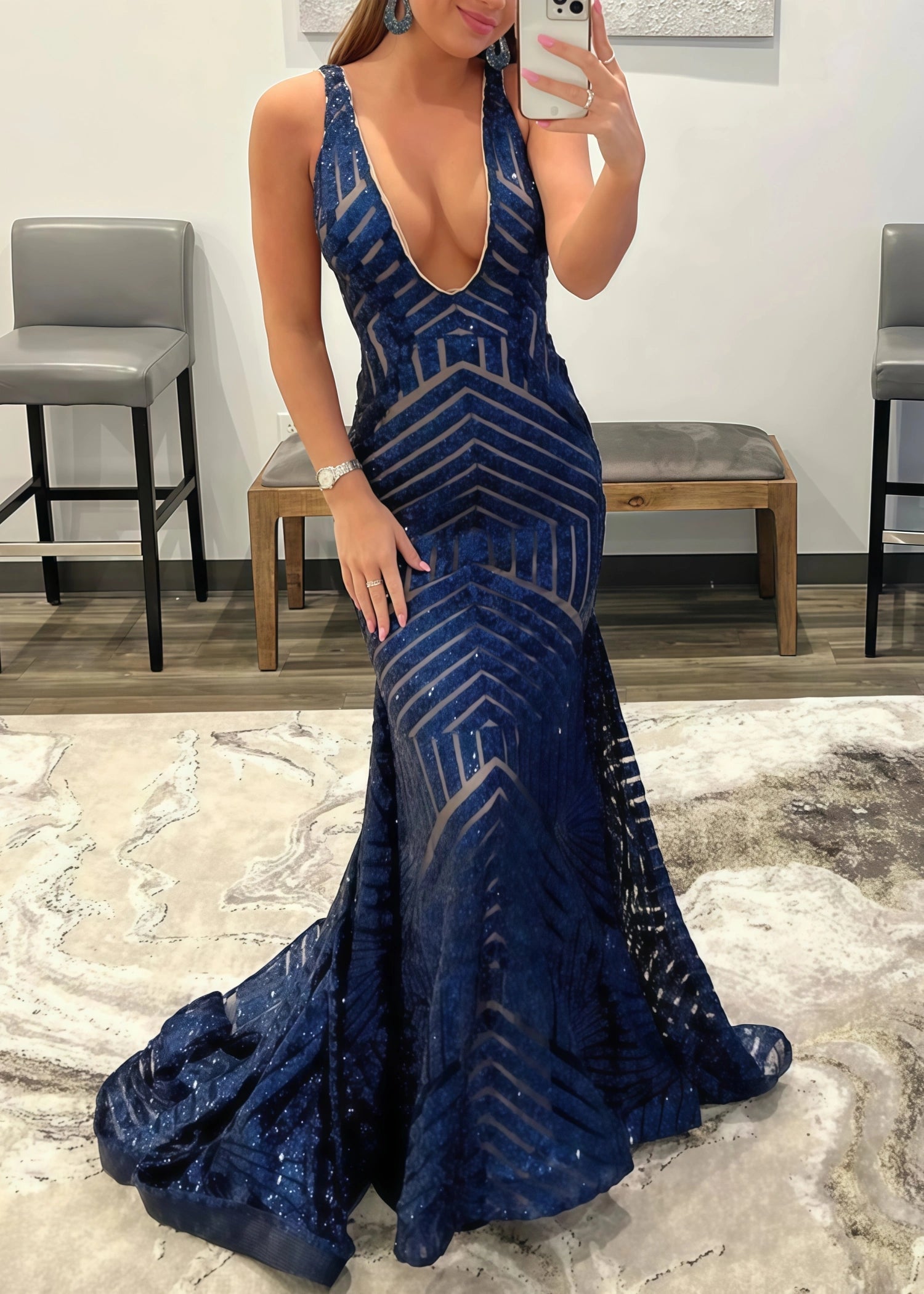 Claire |Mermaid Deep V Neck Green Sequins Long Prom Dress - Navy Blue - US0 - PromDressClub