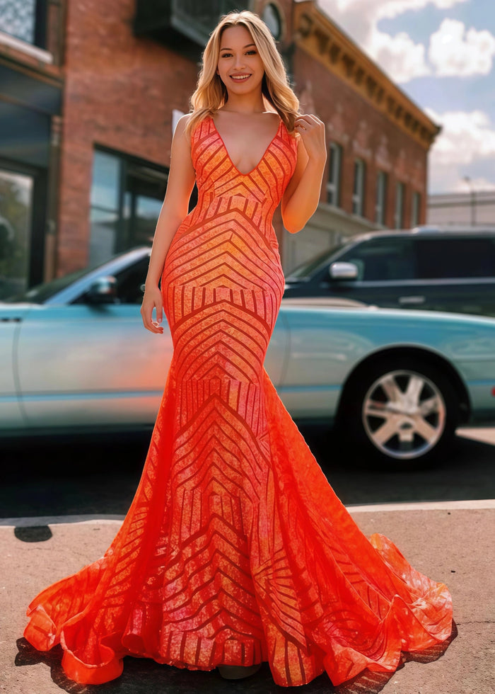 Claire | Emerald Green Silver Mermaid V Neck Corset Formal Dress with Sequins - Orange - PromDressClub