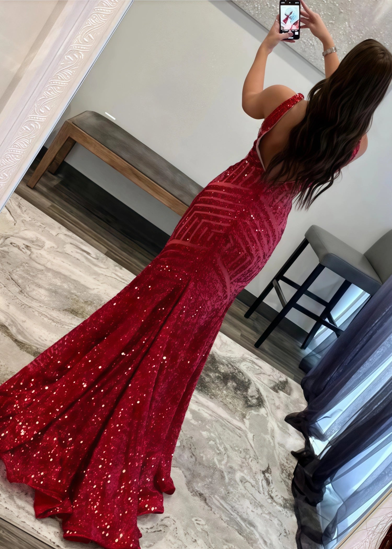 Claire |Mermaid Deep V Neck Green Sequins Long Prom Dress - Red - US0 - PromDressClub