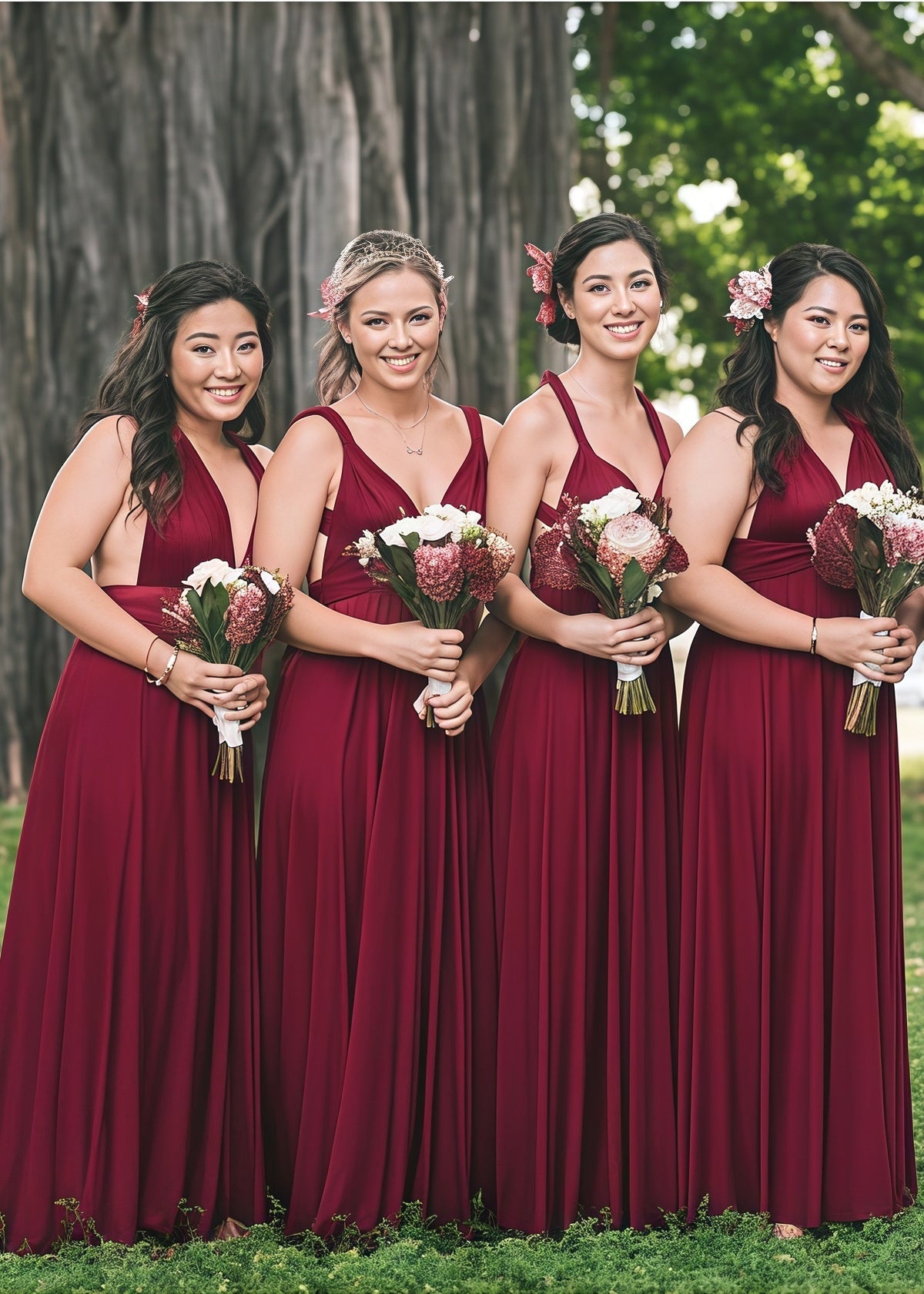 Clara | Blessed Romance Convertible Burgundy Chiffon Maxi Bridesmaid Dress with Multiway Infinity - Burgundy - PROMDRESS Club