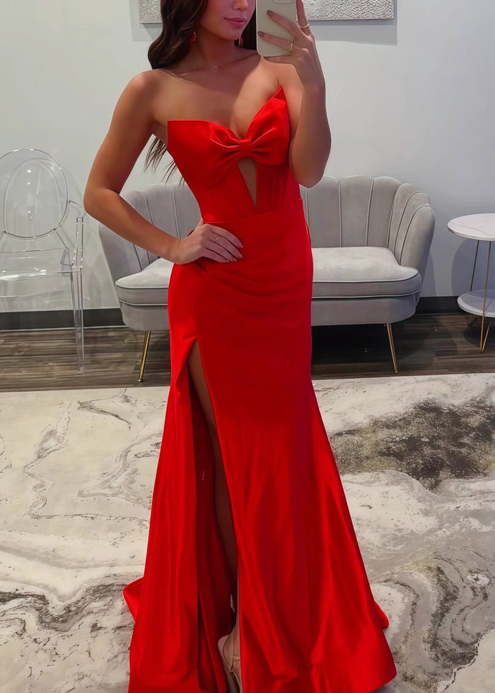 Clara | Stand Out in Style with Our Hot Pink Strapless Pleated Formal Dress with Bow Details - Red - PromDressClub