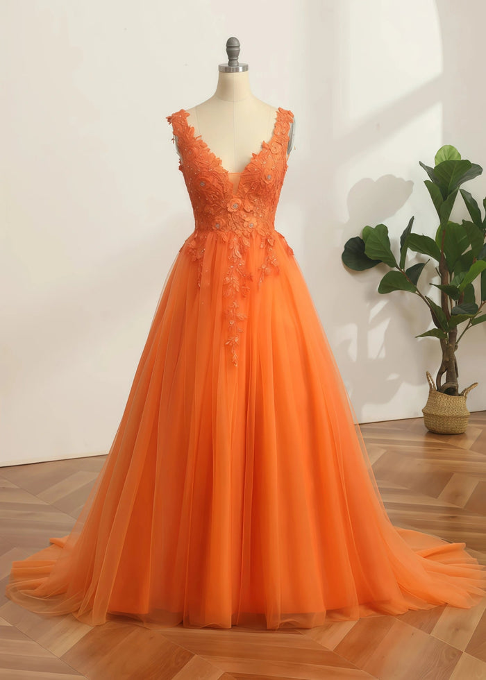 Constance | Ball - Gown/Princess Orange Light Pink A Line Backless V Neck Formal Dress - Orange - PromDressClub