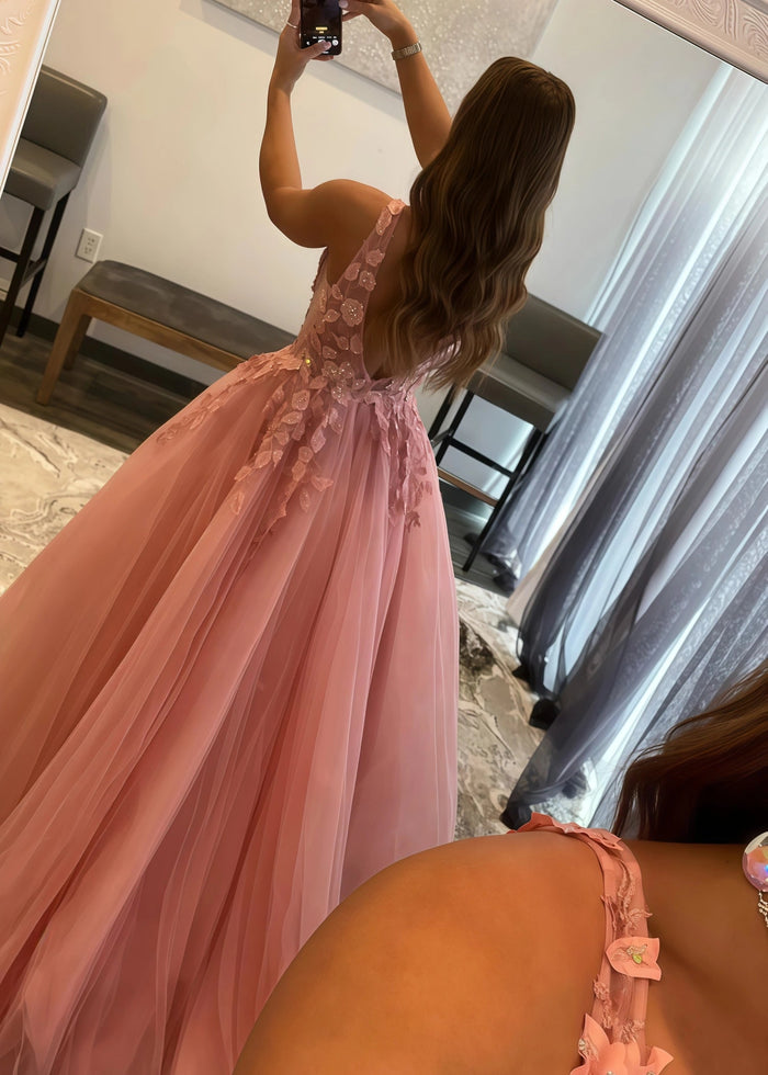 Constance | Ball - Gown/Princess Orange Light Pink A Line Backless V Neck Formal Dress - Light Pink - PromDressClub