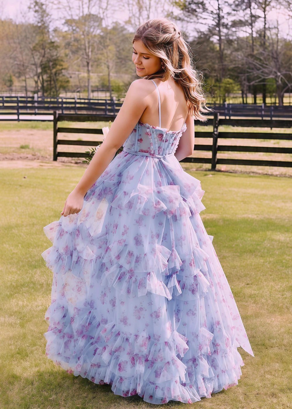Cora | Charming Lavender Floral Corset Ruffle Prom Dress: Effortless Elegance for Your Special Night - Lavender Floral - PromDressClub