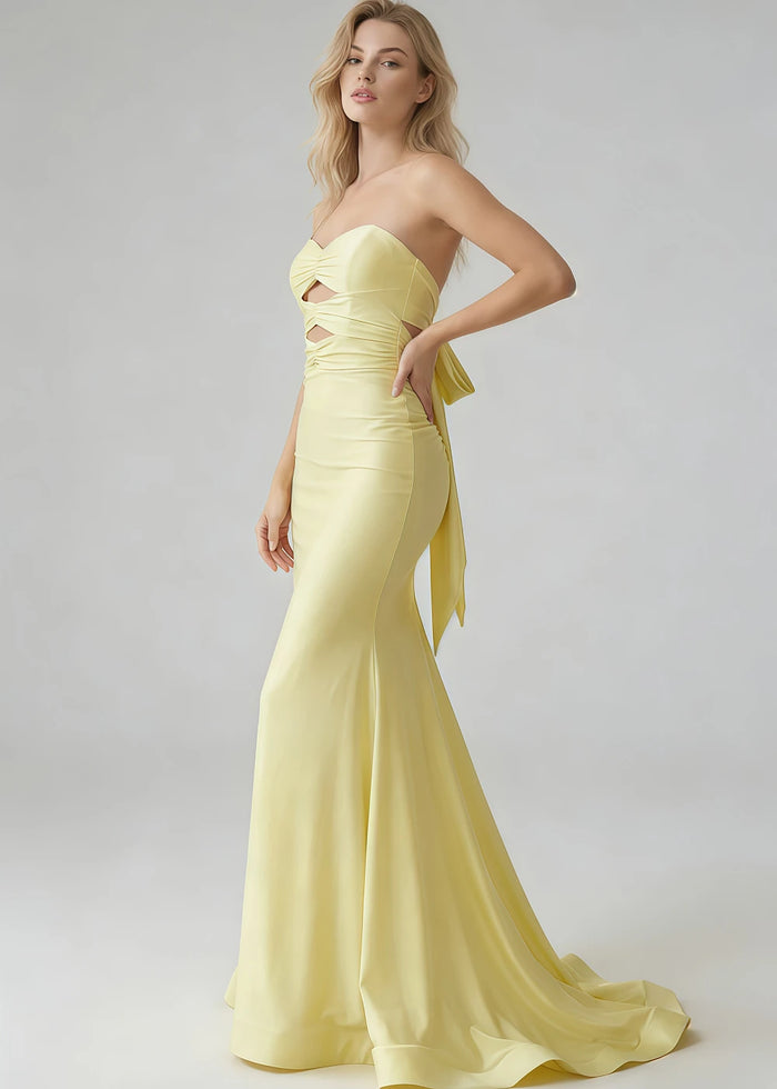 Cora Yellow Strapless Prom Dress with Cutouts | Mermaid Sweetheart Neckline Backless Pleated Satin Formal Dress with Bow - Yellow - PromDressClub