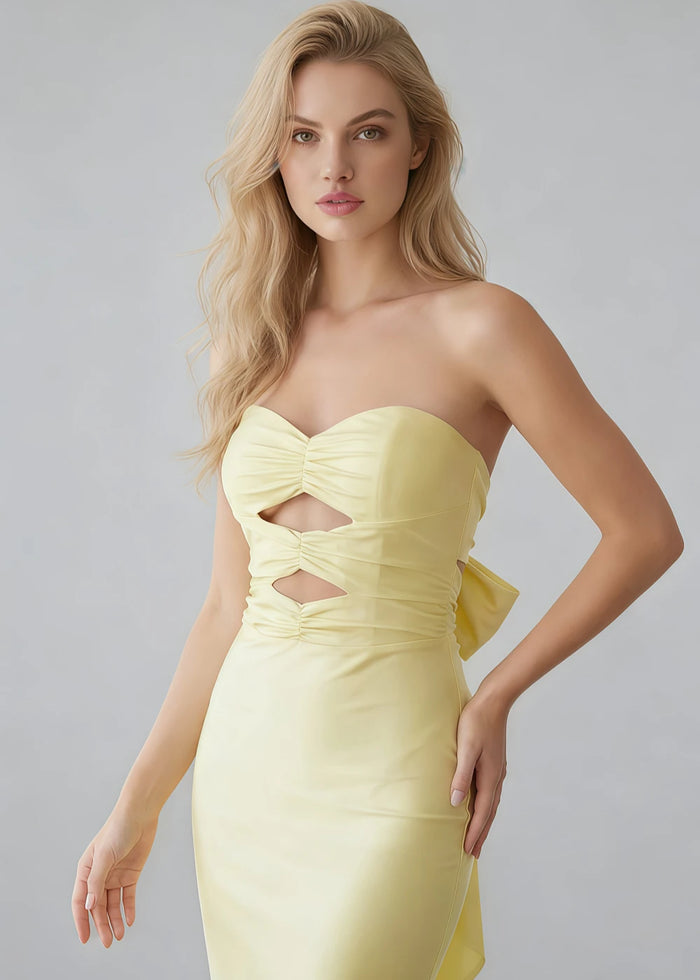 Cora Yellow Strapless Prom Dress with Cutouts | Mermaid Sweetheart Neckline Backless Pleated Satin Formal Dress with Bow - Yellow - PromDressClub