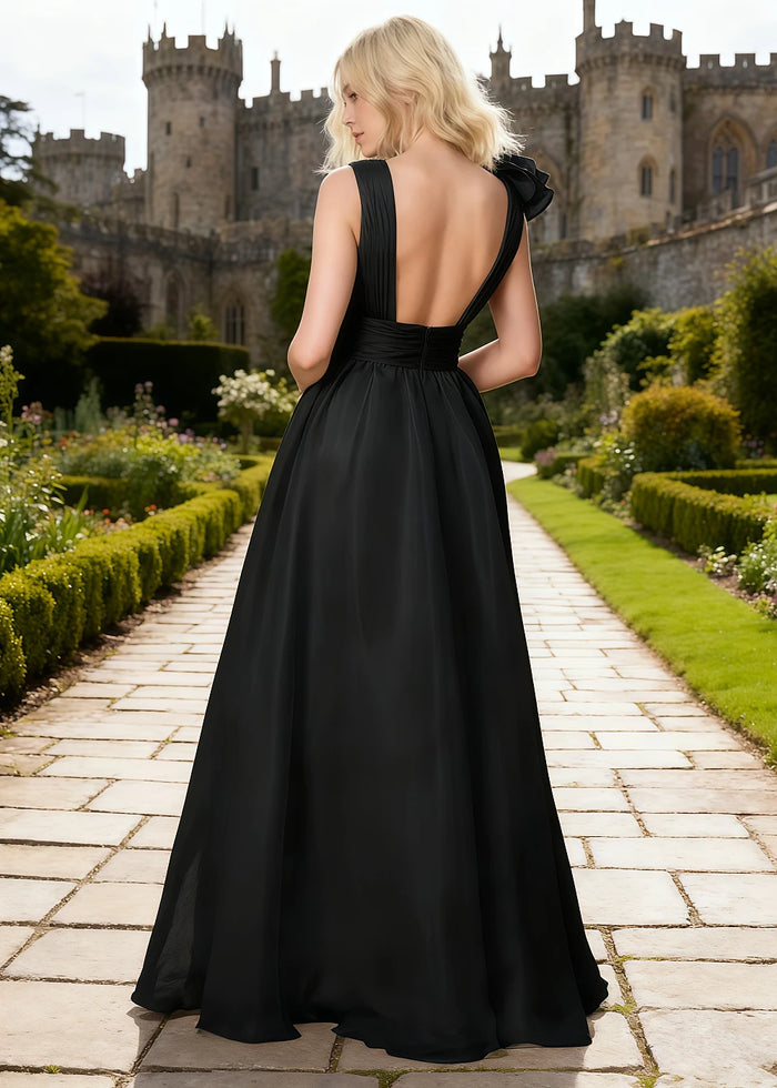 Coral Black Chiffon Prom Dress Ruffles | A - Line V - Neck Floor Length Backless Formal Dress - Black - PromDressClub