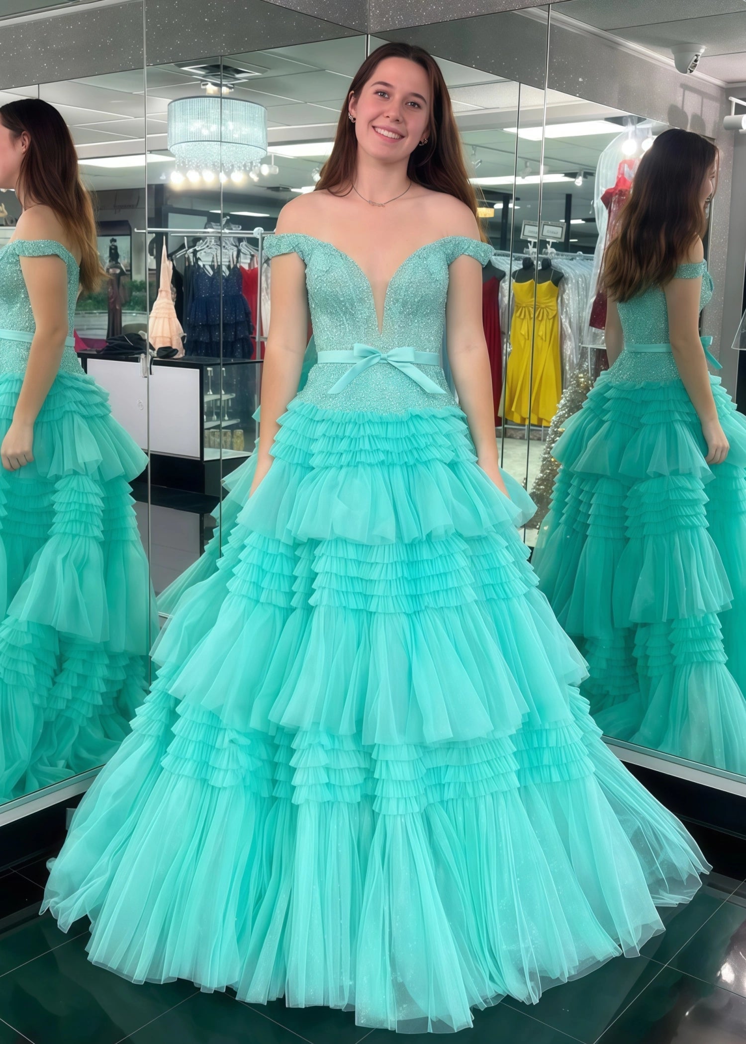 Cornelia | Long Light Pink Prom Dress Tulle With Princess A Line Off the Shoulder Ruffles - Aqua - US0 - PromDressClub