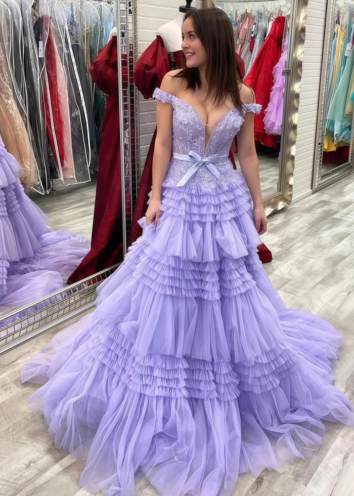 Cornelia | Long Light Pink Prom Dress Tulle With Princess A Line Off the Shoulder Ruffles - Lilac - PromDressClub
